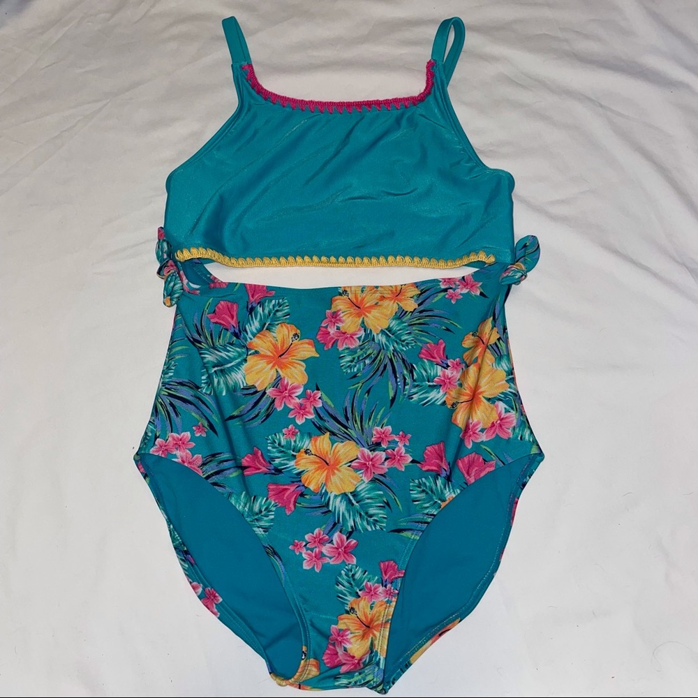 Art Class Teal Blue Pink Tropical Floral Hibiscus Cut Out Bathing Swim Suit